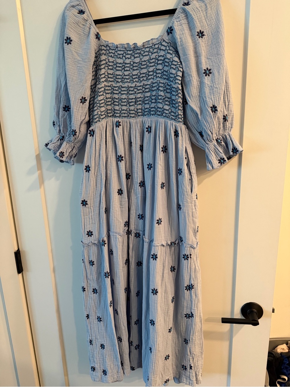 Smocked Back Puff-Sleeve Maxi Dress - Light Blue - Picture 3 of 5